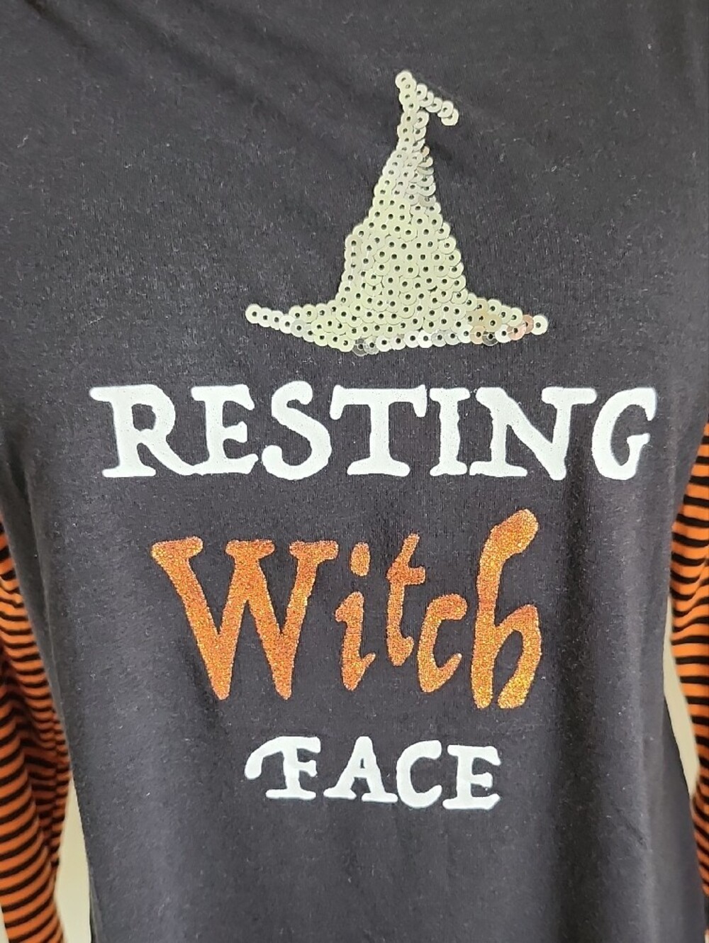 Poof! Black Long Sleeve Halloween Top with Orange Striped Sleeves - Medium - Picture 2 of 8